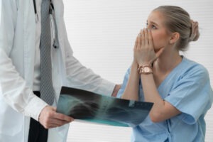 patient covers mouth-in shock after doctor informs her she was injured due to medical malpractice