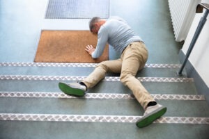 man on floor with hands on ground at end of staircase after premises liability accident