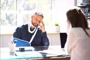 An injured man with his arm in a sling and wearing a neck brace, discussing his case with an experienced personal injury lawyer in Granby.