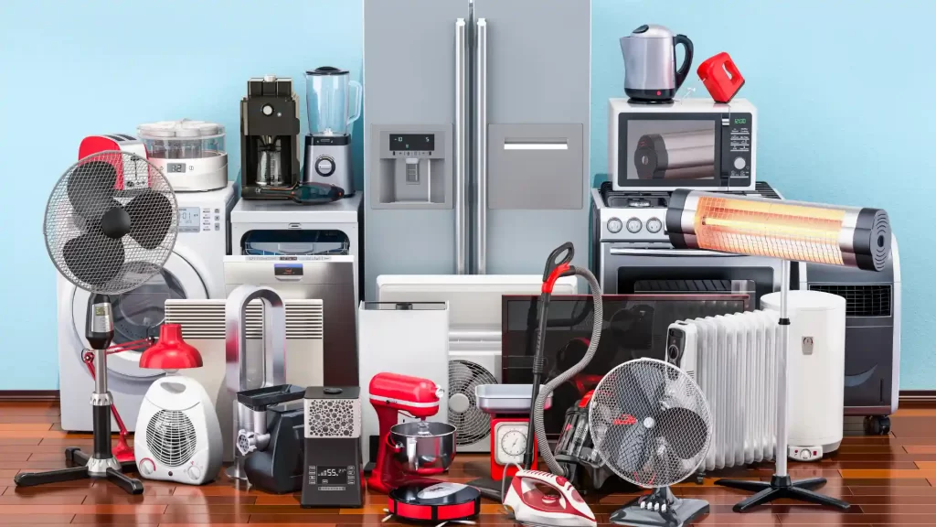 Various household appliances including fridge, blender, and vacuum