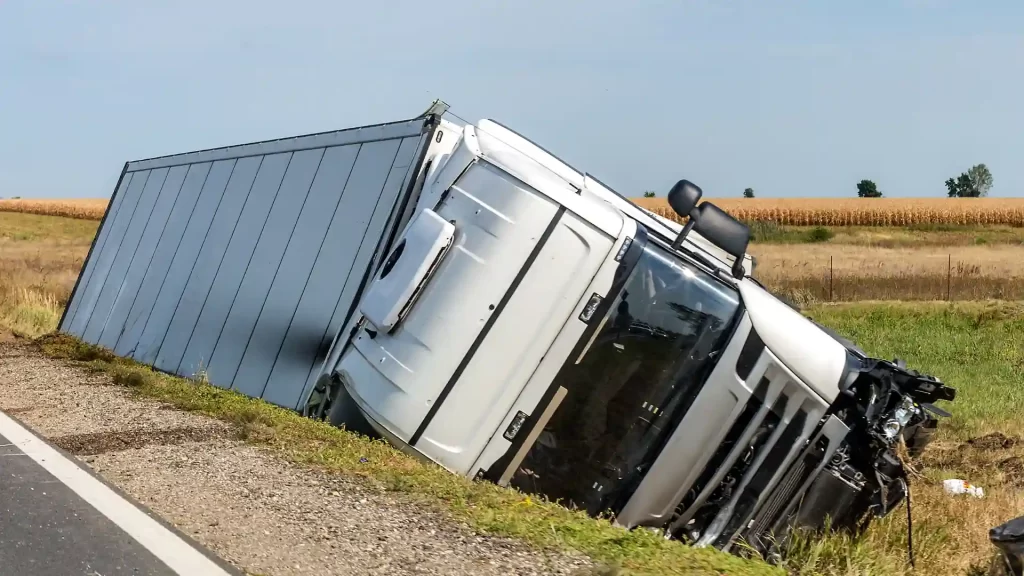 Overturned semi-truck lying on its side off the road