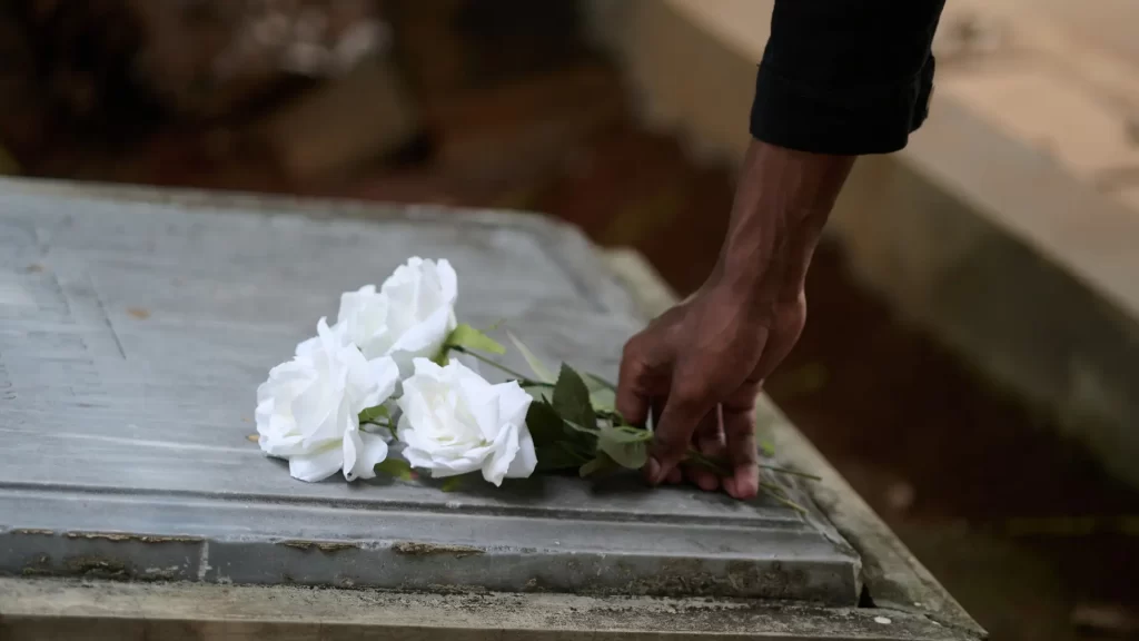 Hand placing white roses on a grave